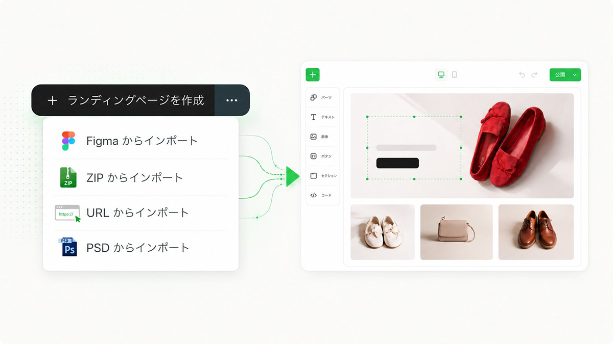Figma / ZIP / URL / PSD の4入口から、Page Studio エディタへ取り込まれる様子